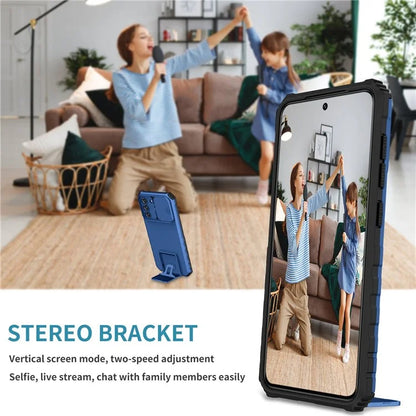 For Samsung Galaxy S22+ 5G Adjustable Vertical Kickstand Phone Case PC + TPU Hybrid Cover with Camera Slide Cover