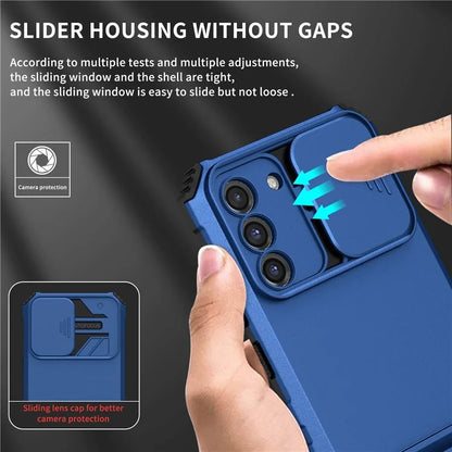 For Samsung Galaxy S22+ 5G Adjustable Vertical Kickstand Phone Case PC + TPU Hybrid Cover with Camera Slide Cover