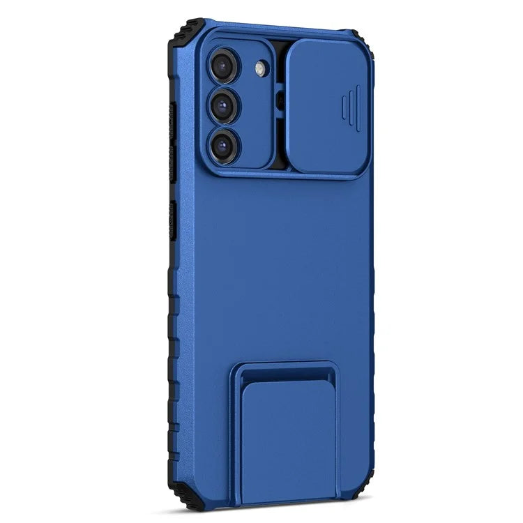 For Samsung Galaxy S22+ 5G Adjustable Vertical Kickstand Phone Case PC + TPU Hybrid Cover with Camera Slide Cover
