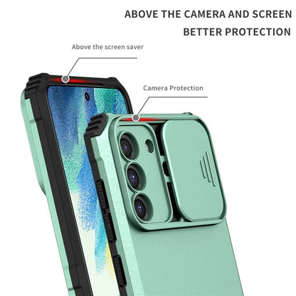 For Samsung Galaxy S22+ 5G Adjustable Vertical Kickstand Phone Case PC + TPU Hybrid Cover with Camera Slide Cover