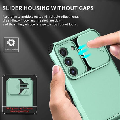 For Samsung Galaxy S22+ 5G Adjustable Vertical Kickstand Phone Case PC + TPU Hybrid Cover with Camera Slide Cover