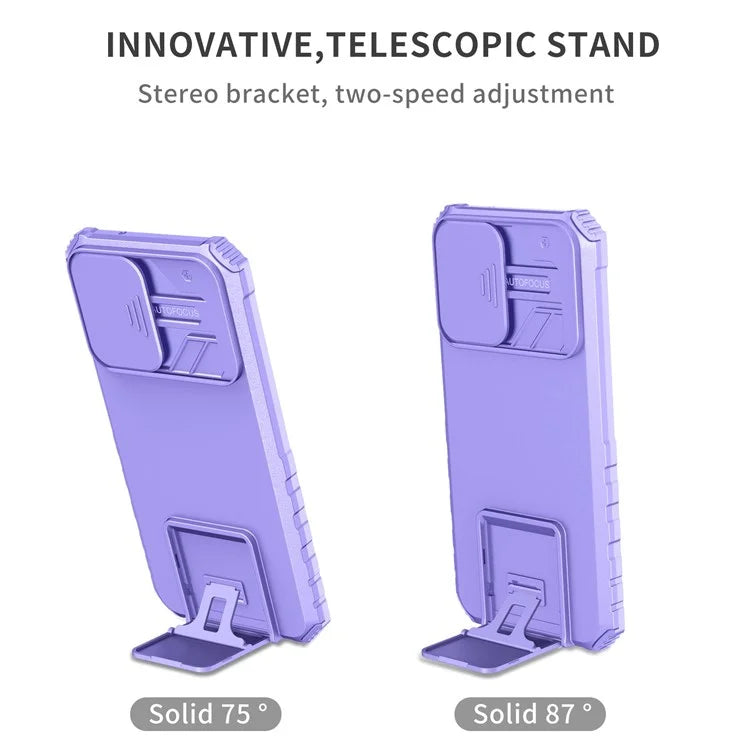 For Samsung Galaxy S22+ 5G Adjustable Vertical Kickstand Phone Case PC + TPU Hybrid Cover with Camera Slide Cover