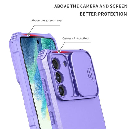 For Samsung Galaxy S22+ 5G Adjustable Vertical Kickstand Phone Case PC + TPU Hybrid Cover with Camera Slide Cover