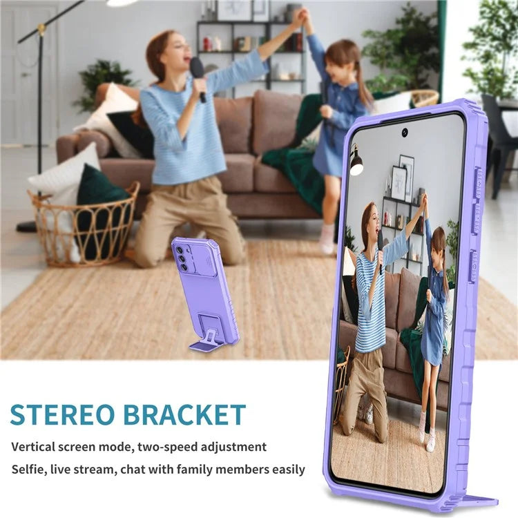 For Samsung Galaxy S22+ 5G Adjustable Vertical Kickstand Phone Case PC + TPU Hybrid Cover with Camera Slide Cover