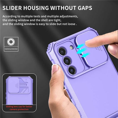 For Samsung Galaxy S22+ 5G Adjustable Vertical Kickstand Phone Case PC + TPU Hybrid Cover with Camera Slide Cover