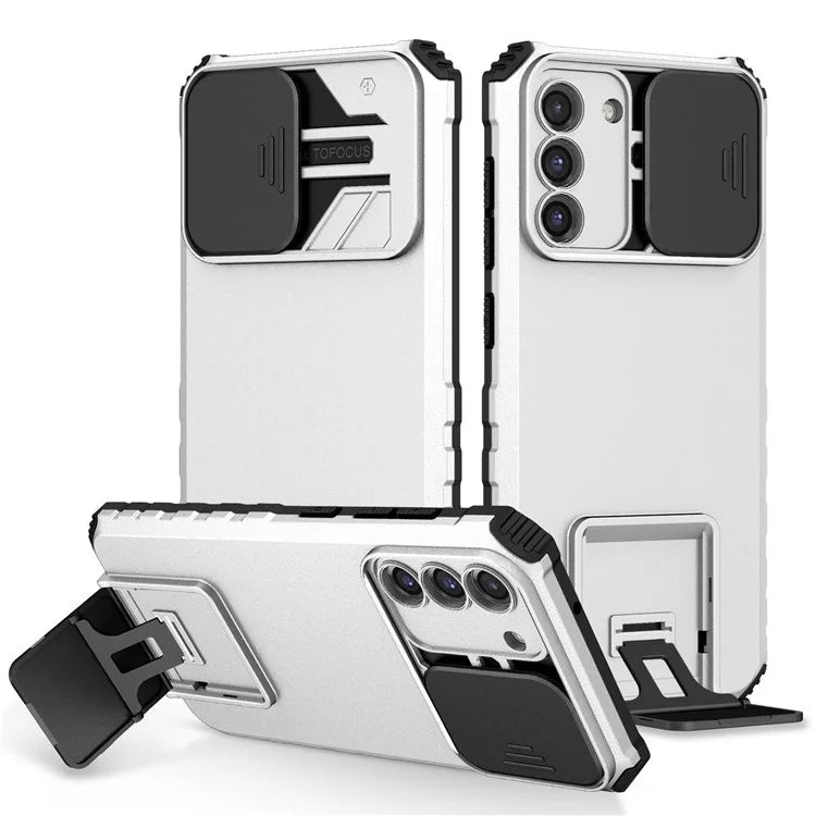 For Samsung Galaxy S21 FE 5G Adjustable Vertical Kickstand Hard PC + Soft TPU Phone Case with Camera Slide Cover