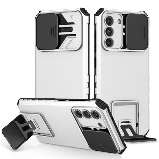 For Samsung Galaxy S21 FE 5G Adjustable Vertical Kickstand Hard PC + Soft TPU Phone Case with Camera Slide Cover