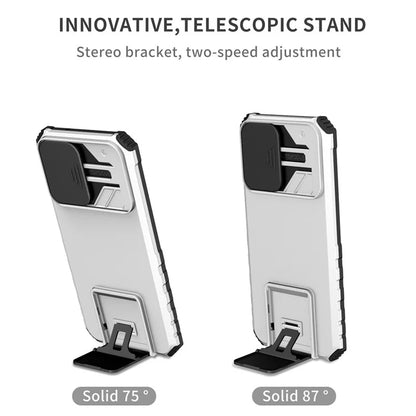 For Samsung Galaxy S21 FE 5G Adjustable Vertical Kickstand Hard PC + Soft TPU Phone Case with Camera Slide Cover