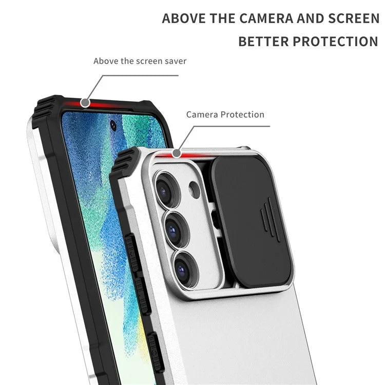 For Samsung Galaxy S21 FE 5G Adjustable Vertical Kickstand Hard PC + Soft TPU Phone Case with Camera Slide Cover