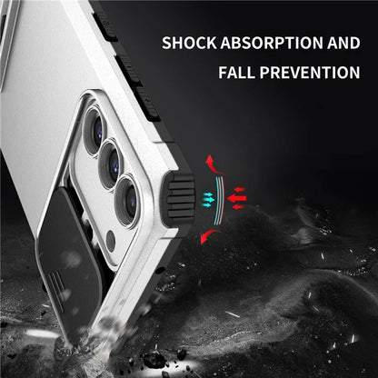 For Samsung Galaxy S21 FE 5G Adjustable Vertical Kickstand Hard PC + Soft TPU Phone Case with Camera Slide Cover