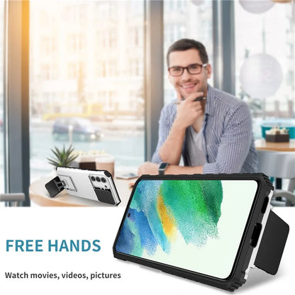 For Samsung Galaxy S21 FE 5G Adjustable Vertical Kickstand Hard PC + Soft TPU Phone Case with Camera Slide Cover