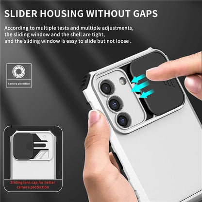 For Samsung Galaxy S21 FE 5G Adjustable Vertical Kickstand Hard PC + Soft TPU Phone Case with Camera Slide Cover
