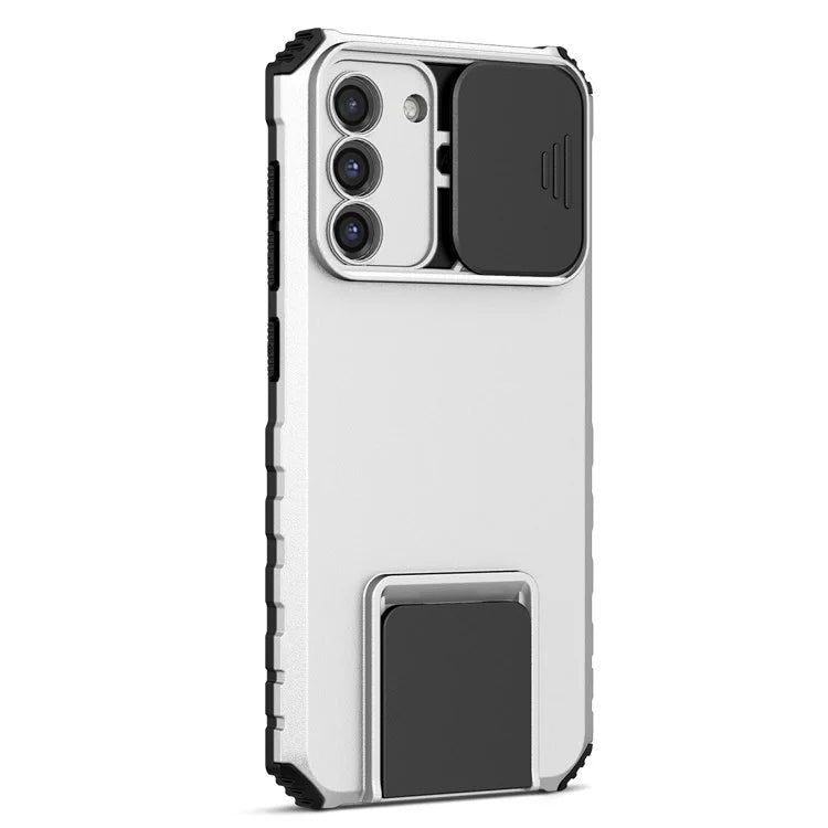 For Samsung Galaxy S21 FE 5G Adjustable Vertical Kickstand Hard PC + Soft TPU Phone Case with Camera Slide Cover