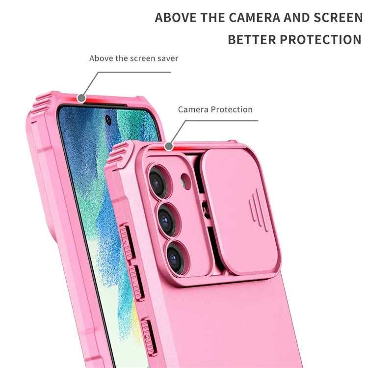 For Samsung Galaxy S21 FE 5G Adjustable Vertical Kickstand Hard PC + Soft TPU Phone Case with Camera Slide Cover