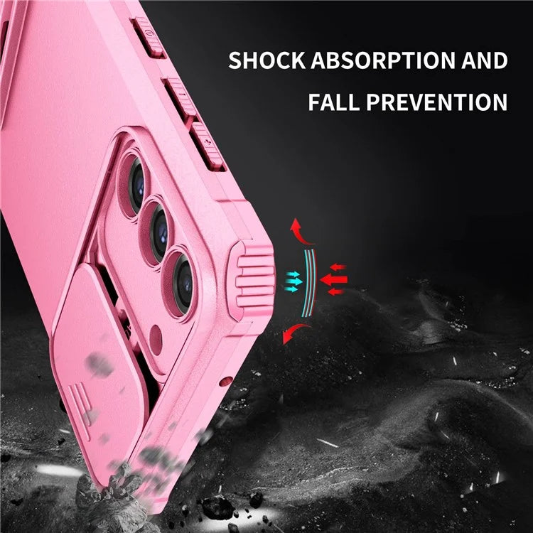 For Samsung Galaxy S21 FE 5G Adjustable Vertical Kickstand Hard PC + Soft TPU Phone Case with Camera Slide Cover