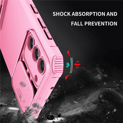 For Samsung Galaxy S21 FE 5G Adjustable Vertical Kickstand Hard PC + Soft TPU Phone Case with Camera Slide Cover