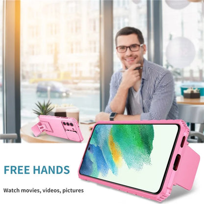 For Samsung Galaxy S21 FE 5G Adjustable Vertical Kickstand Hard PC + Soft TPU Phone Case with Camera Slide Cover