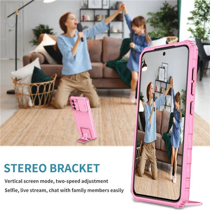 For Samsung Galaxy S21 FE 5G Adjustable Vertical Kickstand Hard PC + Soft TPU Phone Case with Camera Slide Cover