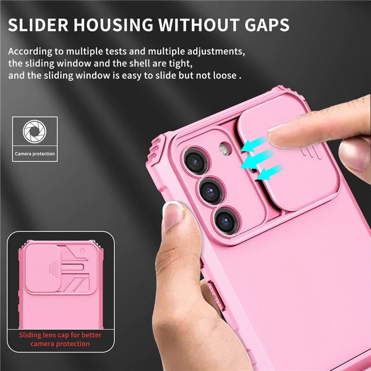 For Samsung Galaxy S21 FE 5G Adjustable Vertical Kickstand Hard PC + Soft TPU Phone Case with Camera Slide Cover
