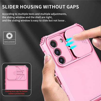For Samsung Galaxy S21 FE 5G Adjustable Vertical Kickstand Hard PC + Soft TPU Phone Case with Camera Slide Cover