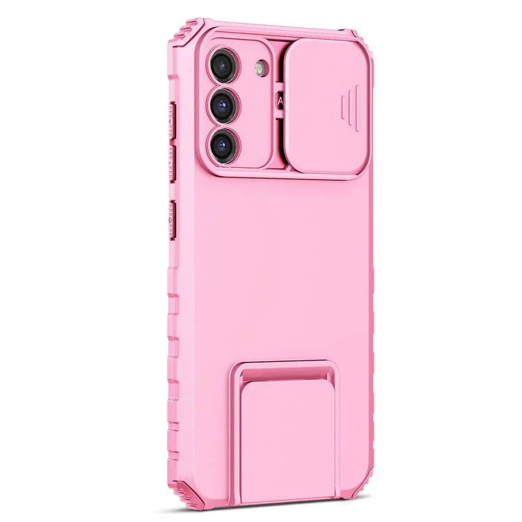 For Samsung Galaxy S21 FE 5G Adjustable Vertical Kickstand Hard PC + Soft TPU Phone Case with Camera Slide Cover