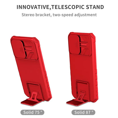 For Samsung Galaxy S21 FE 5G Adjustable Vertical Kickstand Hard PC + Soft TPU Phone Case with Camera Slide Cover