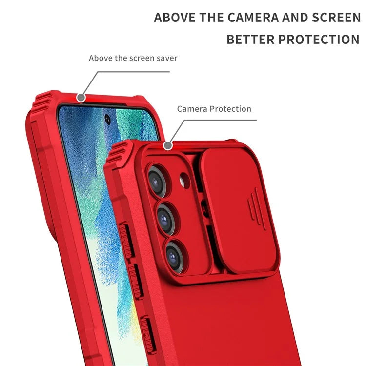 For Samsung Galaxy S21 FE 5G Adjustable Vertical Kickstand Hard PC + Soft TPU Phone Case with Camera Slide Cover