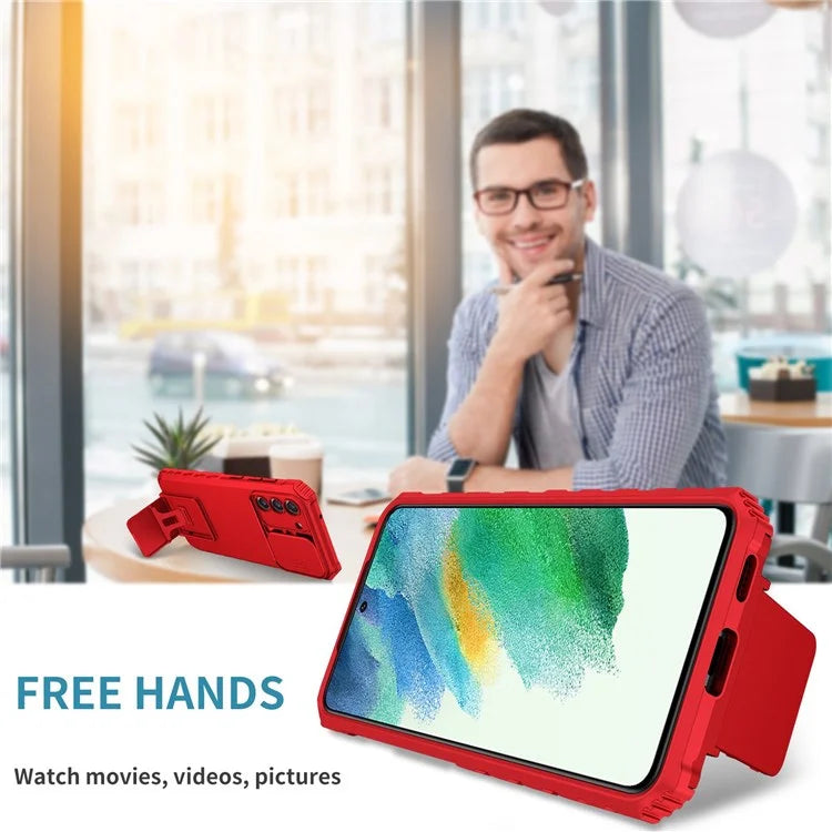 For Samsung Galaxy S21 FE 5G Adjustable Vertical Kickstand Hard PC + Soft TPU Phone Case with Camera Slide Cover