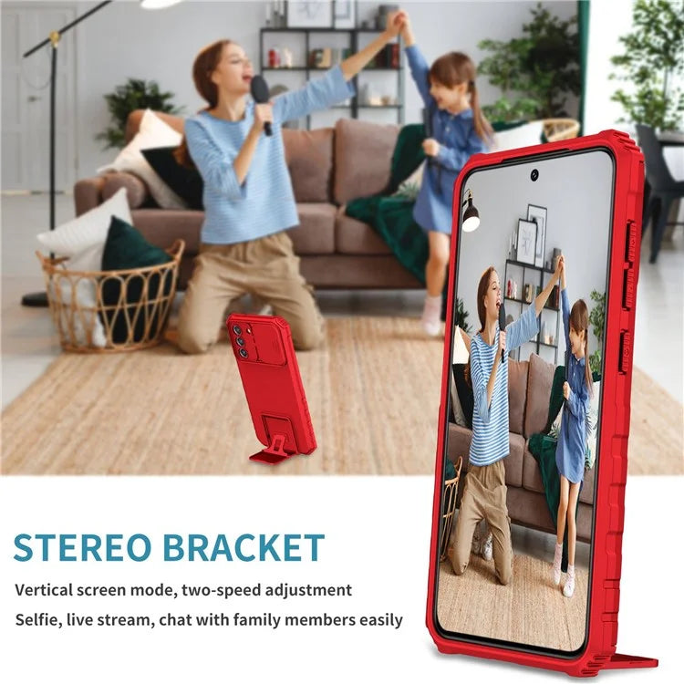 For Samsung Galaxy S21 FE 5G Adjustable Vertical Kickstand Hard PC + Soft TPU Phone Case with Camera Slide Cover