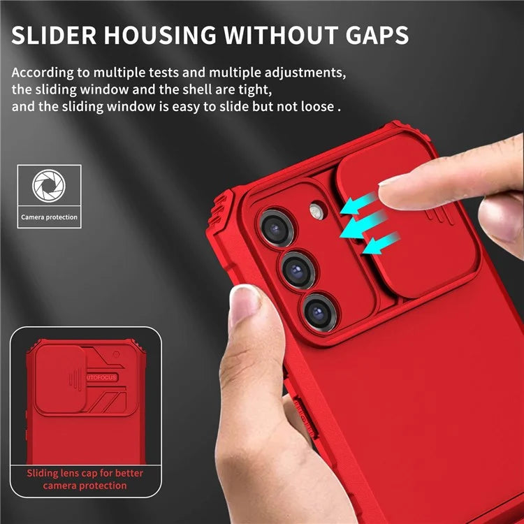 For Samsung Galaxy S21 FE 5G Adjustable Vertical Kickstand Hard PC + Soft TPU Phone Case with Camera Slide Cover