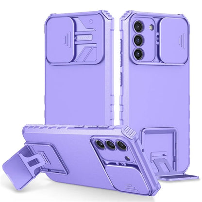 For Samsung Galaxy S21 FE 5G Adjustable Vertical Kickstand Hard PC + Soft TPU Phone Case with Camera Slide Cover