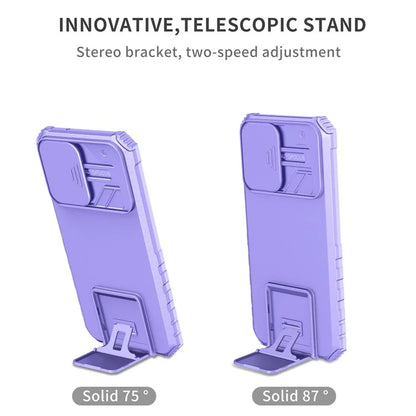 For Samsung Galaxy S21 FE 5G Adjustable Vertical Kickstand Hard PC + Soft TPU Phone Case with Camera Slide Cover