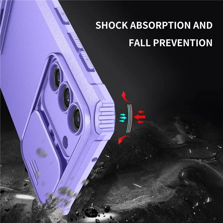 For Samsung Galaxy S21 FE 5G Adjustable Vertical Kickstand Hard PC + Soft TPU Phone Case with Camera Slide Cover