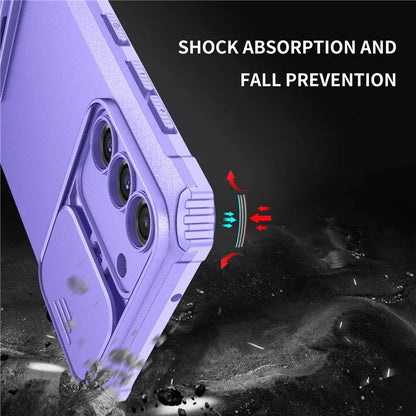 For Samsung Galaxy S21 FE 5G Adjustable Vertical Kickstand Hard PC + Soft TPU Phone Case with Camera Slide Cover