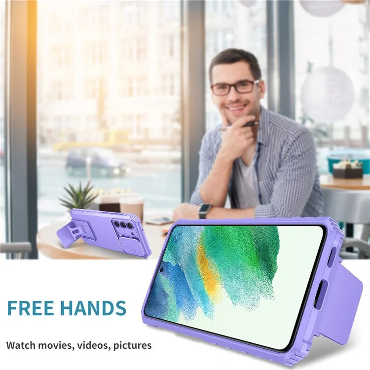 For Samsung Galaxy S21 FE 5G Adjustable Vertical Kickstand Hard PC + Soft TPU Phone Case with Camera Slide Cover