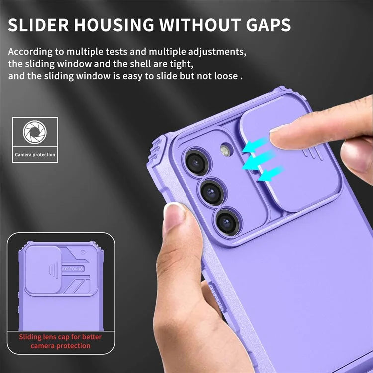 For Samsung Galaxy S21 FE 5G Adjustable Vertical Kickstand Hard PC + Soft TPU Phone Case with Camera Slide Cover