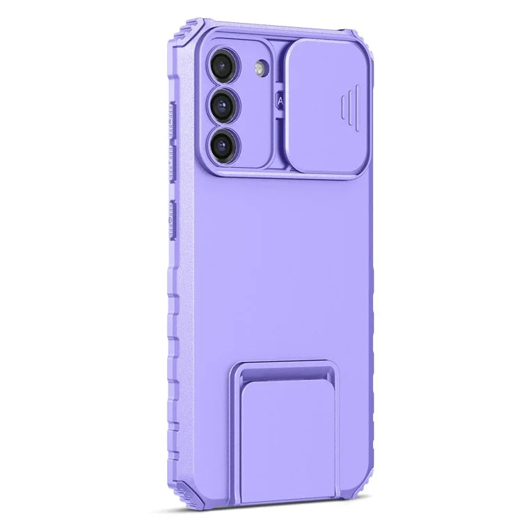 For Samsung Galaxy S21 FE 5G Adjustable Vertical Kickstand Hard PC + Soft TPU Phone Case with Camera Slide Cover