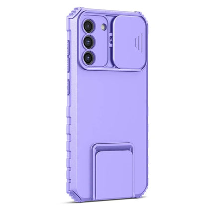For Samsung Galaxy S21 FE 5G Adjustable Vertical Kickstand Hard PC + Soft TPU Phone Case with Camera Slide Cover