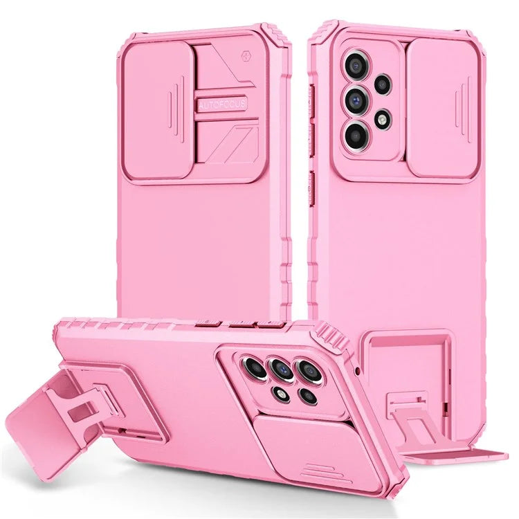 For Samsung Galaxy A33 5G Adjustable Vertical Kickstand Phone Case Anti-drop PC + TPU Cover with Sliding Camera Protection