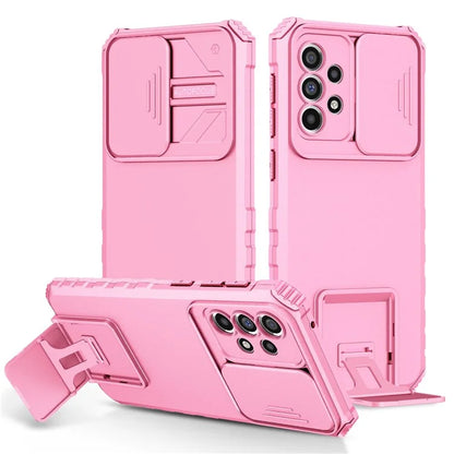 For Samsung Galaxy A33 5G Adjustable Vertical Kickstand Phone Case Anti-drop PC + TPU Cover with Sliding Camera Protection