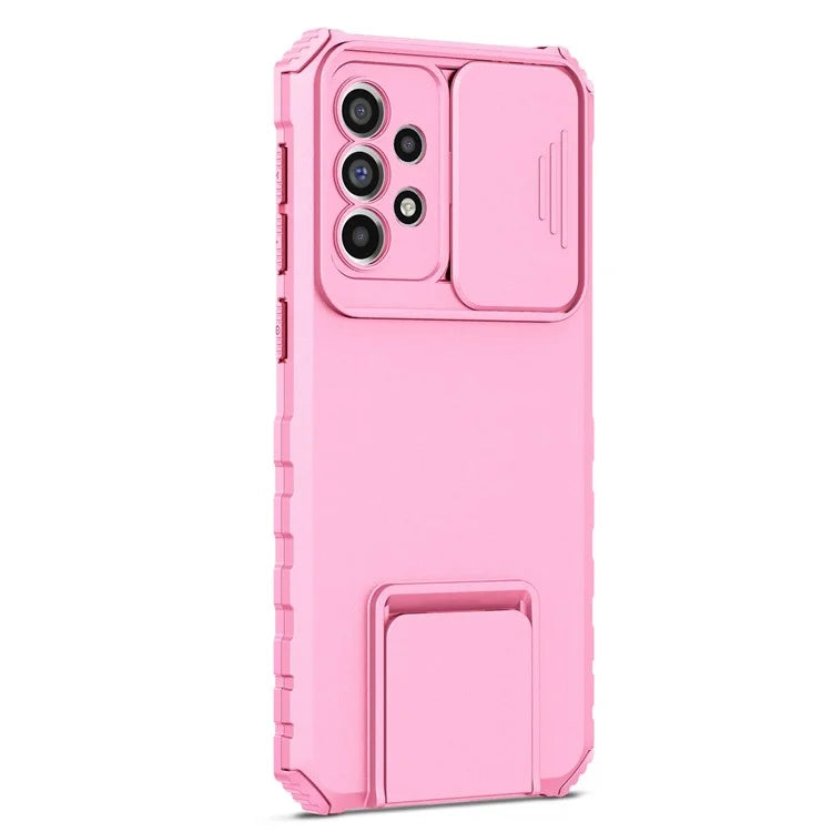 For Samsung Galaxy A33 5G Adjustable Vertical Kickstand Phone Case Anti-drop PC + TPU Cover with Sliding Camera Protection