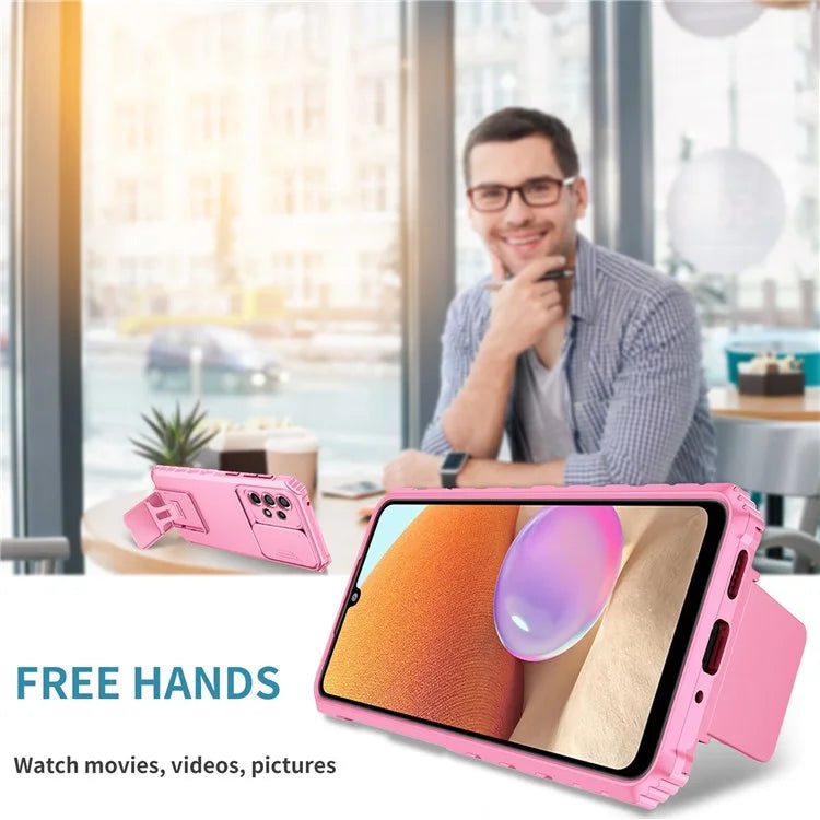 For Samsung Galaxy A33 5G Adjustable Vertical Kickstand Phone Case Anti-drop PC + TPU Cover with Sliding Camera Protection