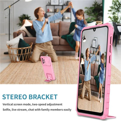 For Samsung Galaxy A33 5G Adjustable Vertical Kickstand Phone Case Anti-drop PC + TPU Cover with Sliding Camera Protection
