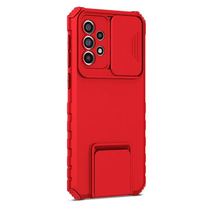 For Samsung Galaxy A33 5G Adjustable Vertical Kickstand Phone Case Anti-drop PC + TPU Cover with Sliding Camera Protection