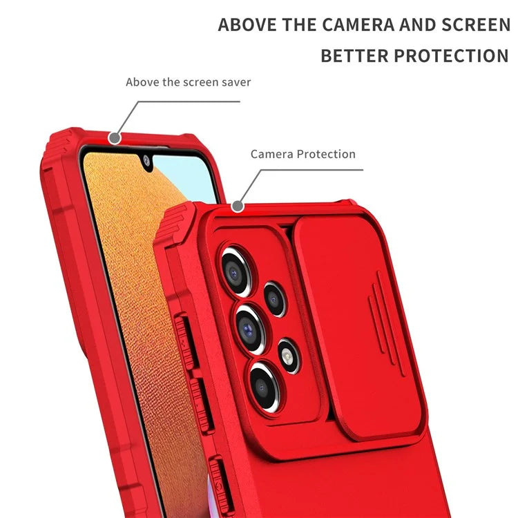 For Samsung Galaxy A33 5G Adjustable Vertical Kickstand Phone Case Anti-drop PC + TPU Cover with Sliding Camera Protection
