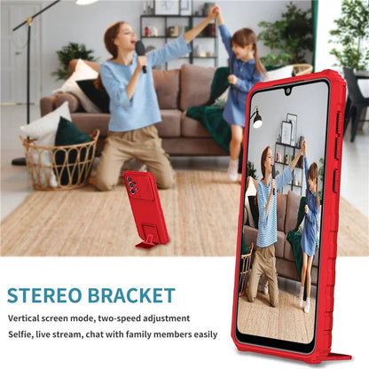 For Samsung Galaxy A33 5G Adjustable Vertical Kickstand Phone Case Anti-drop PC + TPU Cover with Sliding Camera Protection