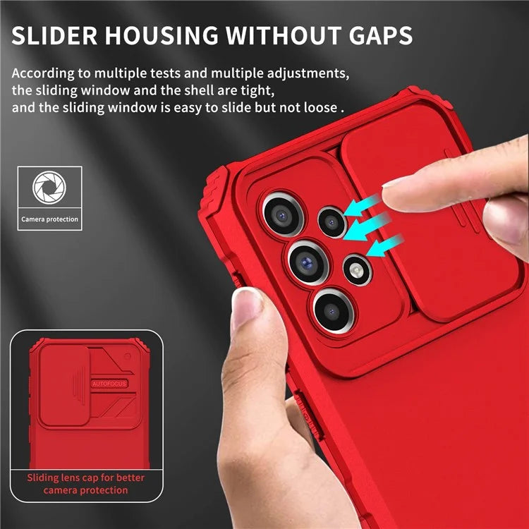 For Samsung Galaxy A33 5G Adjustable Vertical Kickstand Phone Case Anti-drop PC + TPU Cover with Sliding Camera Protection