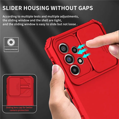 For Samsung Galaxy A33 5G Adjustable Vertical Kickstand Phone Case Anti-drop PC + TPU Cover with Sliding Camera Protection