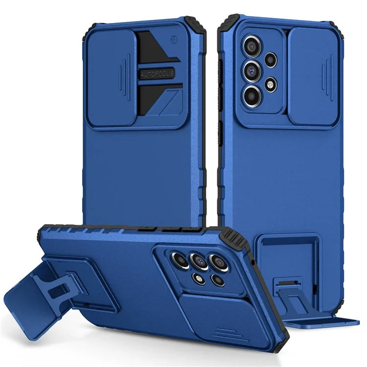 For Samsung Galaxy A33 5G Adjustable Vertical Kickstand Phone Case Anti-drop PC + TPU Cover with Sliding Camera Protection