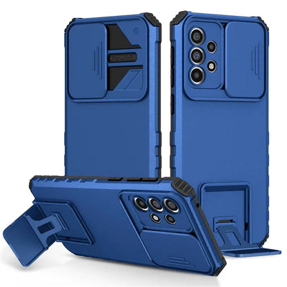 For Samsung Galaxy A33 5G Adjustable Vertical Kickstand Phone Case Anti-drop PC + TPU Cover with Sliding Camera Protection